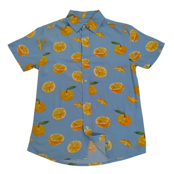 Orange Print Cotton Short Sleeve Button-Up Shirt Blue Background Boys Size 10. - Picture 5 of 7